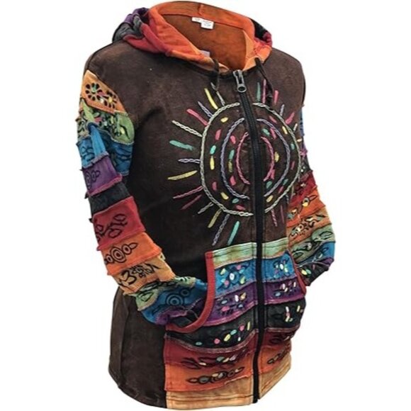 Rising International Jackets & Blazers - Rising International Handmade Colorful Patchwork Hoodie Jacket Sun Embroidery L